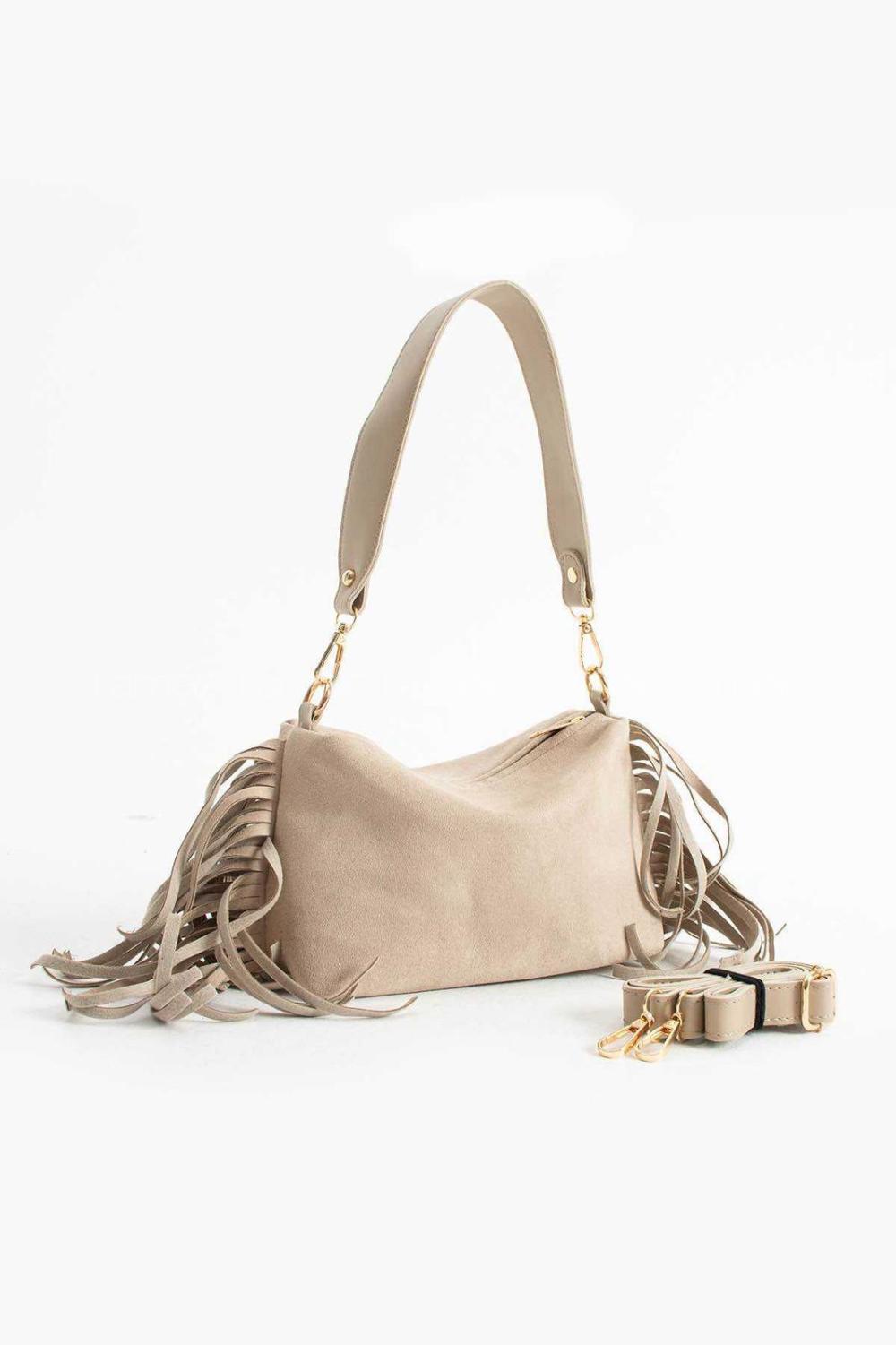 Lamelif Süet Püsküllü Kadın Omuz Çantası Vizonrengi