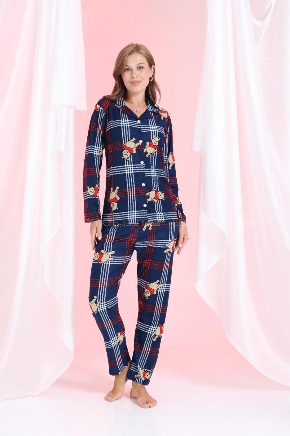 Lamelif Ayıcık Detaylı Ekoseli Pijama Takımı Lacivert