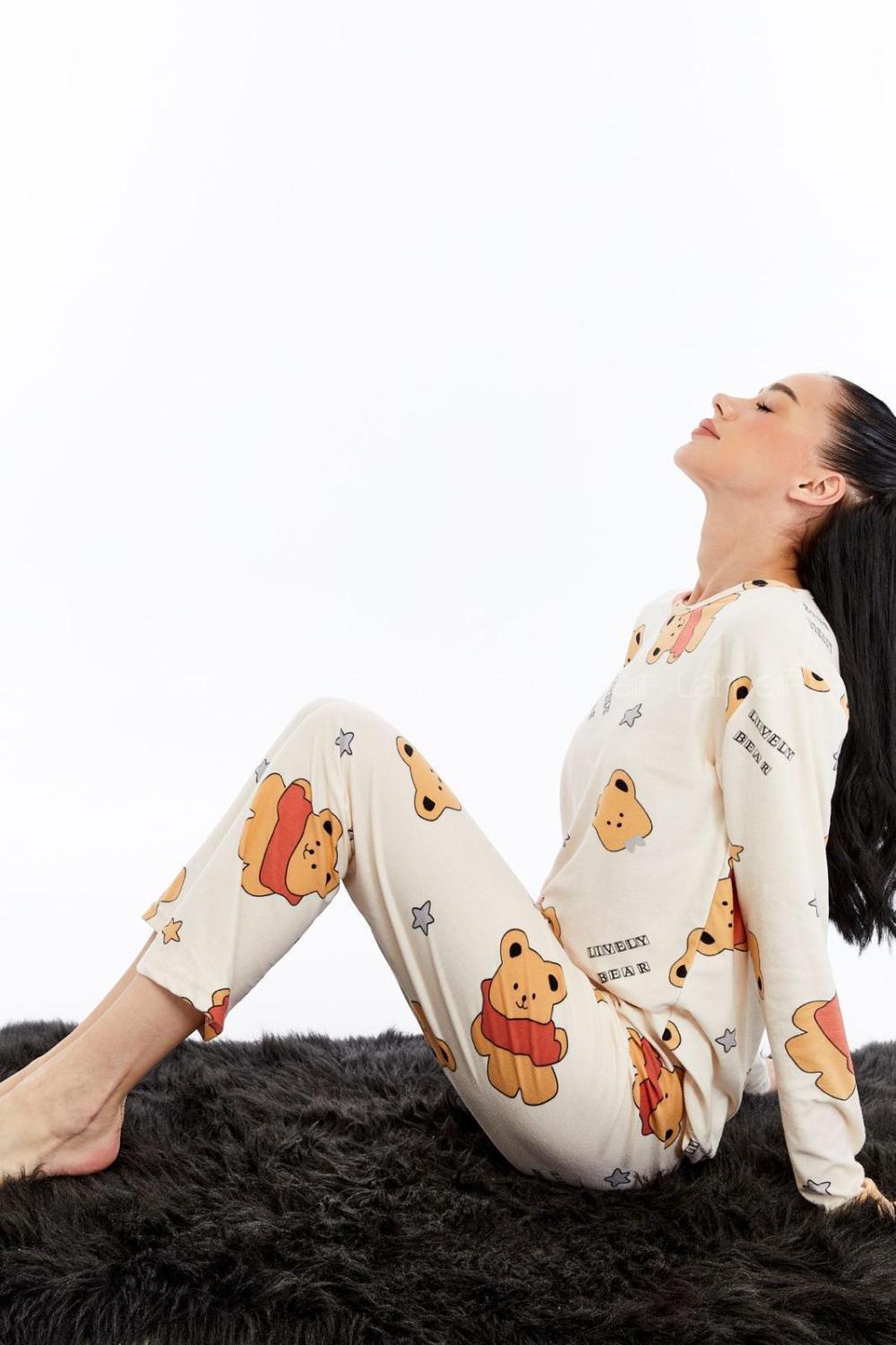 Lamelif Ayıcıklı Pijama Takımı Krem