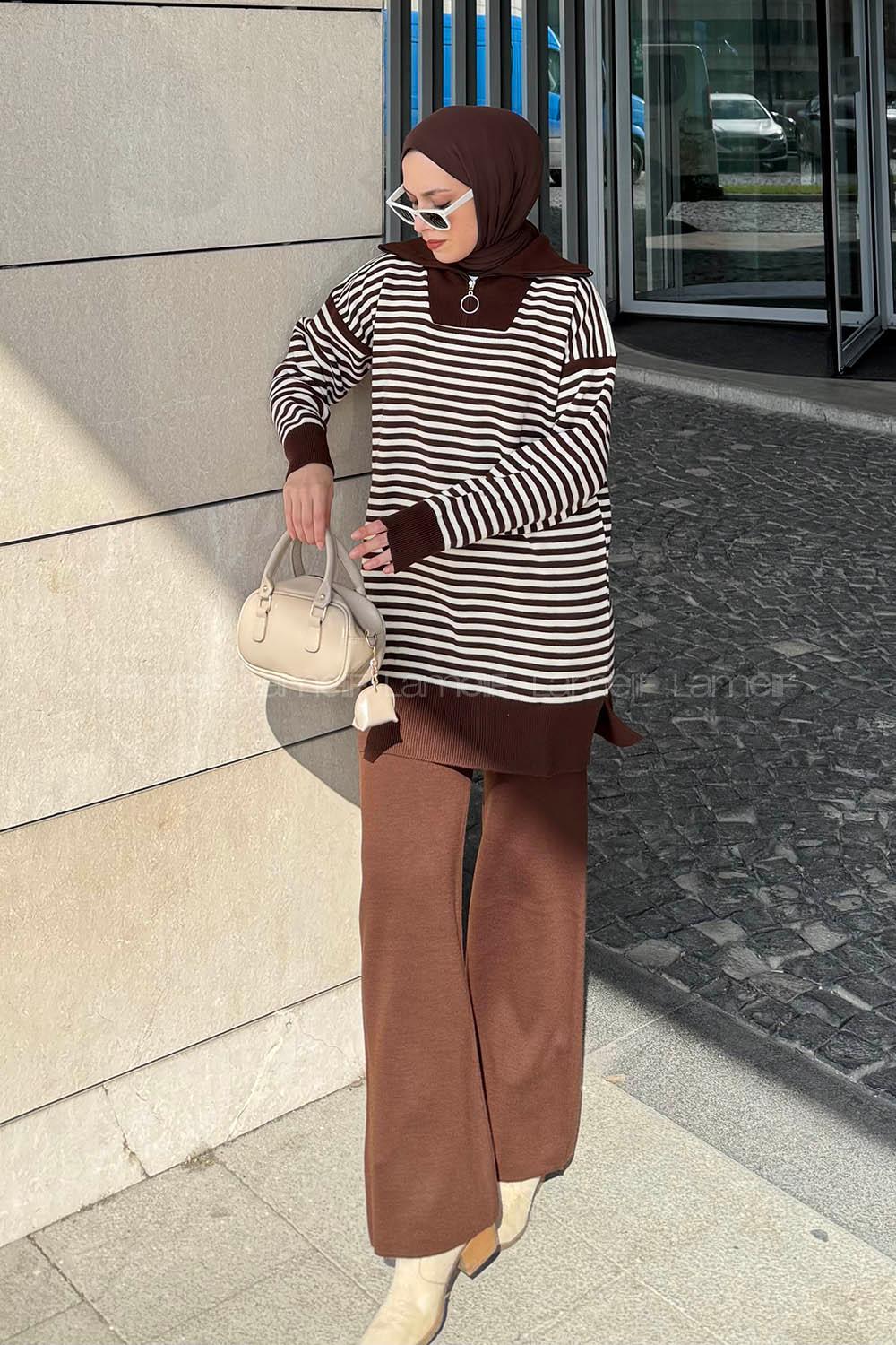 Lamelif Çizgili Balıkçı Yaka Triko Takım Acı Kahve