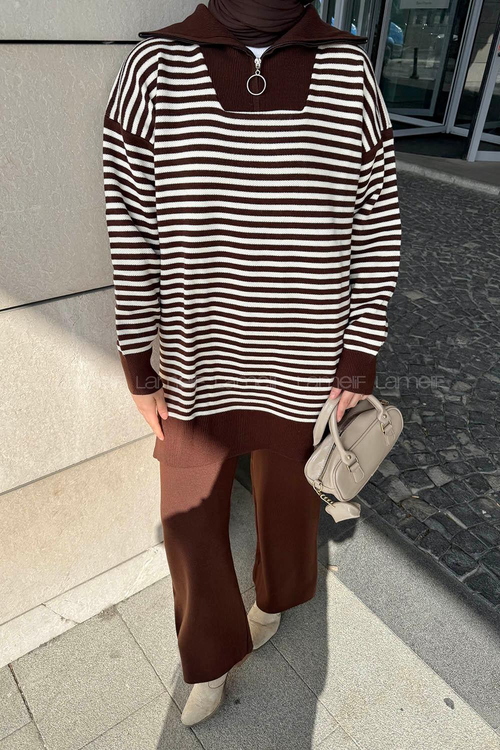 Lamelif Çizgili Balıkçı Yaka Triko Takım Acı Kahve