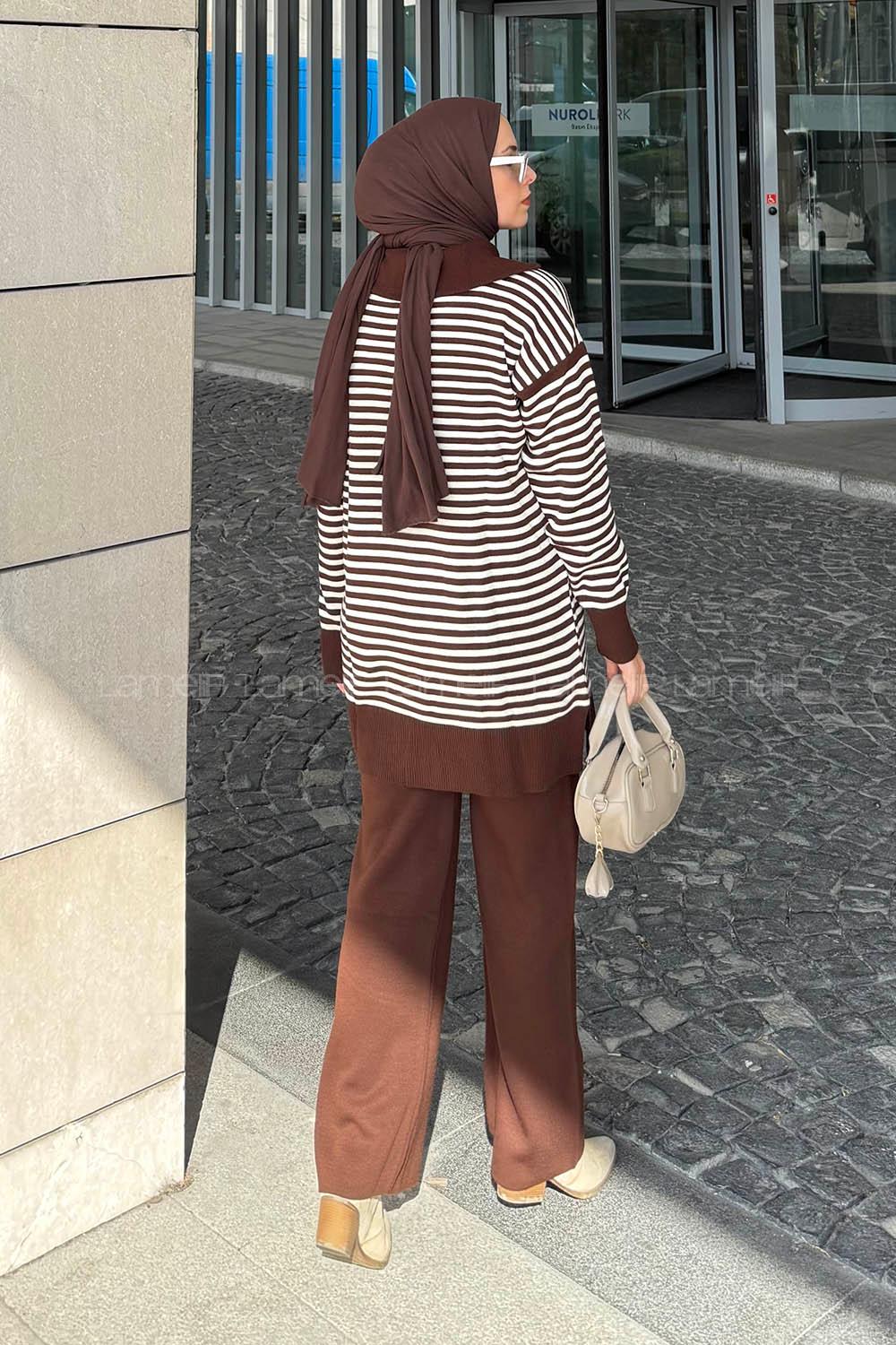 Lamelif Çizgili Balıkçı Yaka Triko Takım Acı Kahve