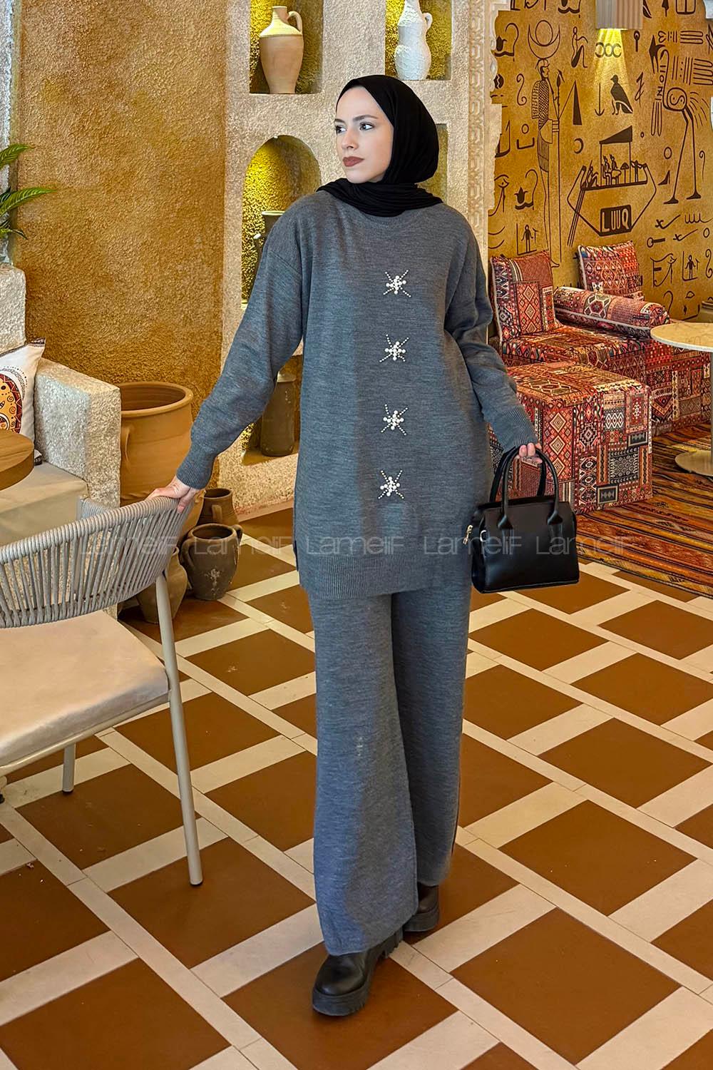 Lamelif İnci İşlemeli Tesettür Takım Füme