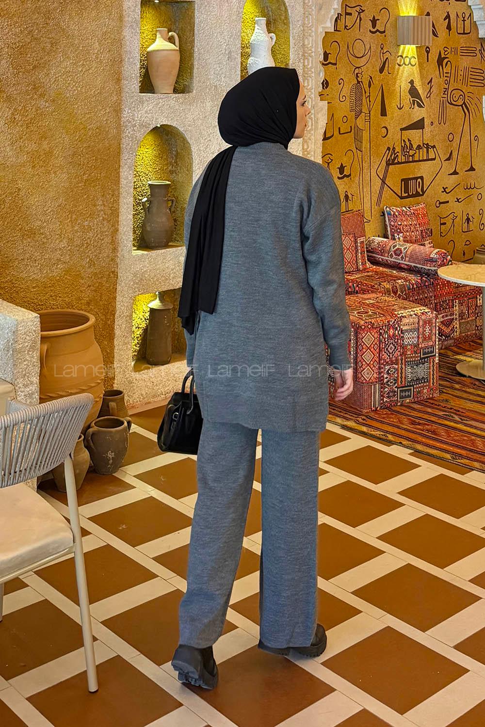 Lamelif İnci İşlemeli Tesettür Takım Füme