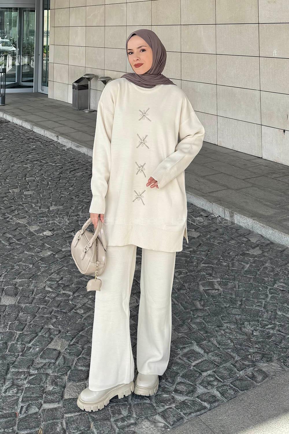 Lamelif İnci İşlemeli Tesettür Takım Krem