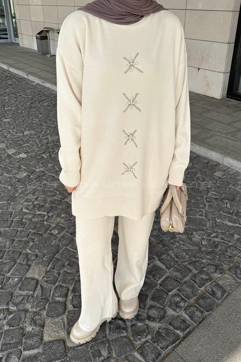 Lamelif İnci İşlemeli Tesettür Takım Krem