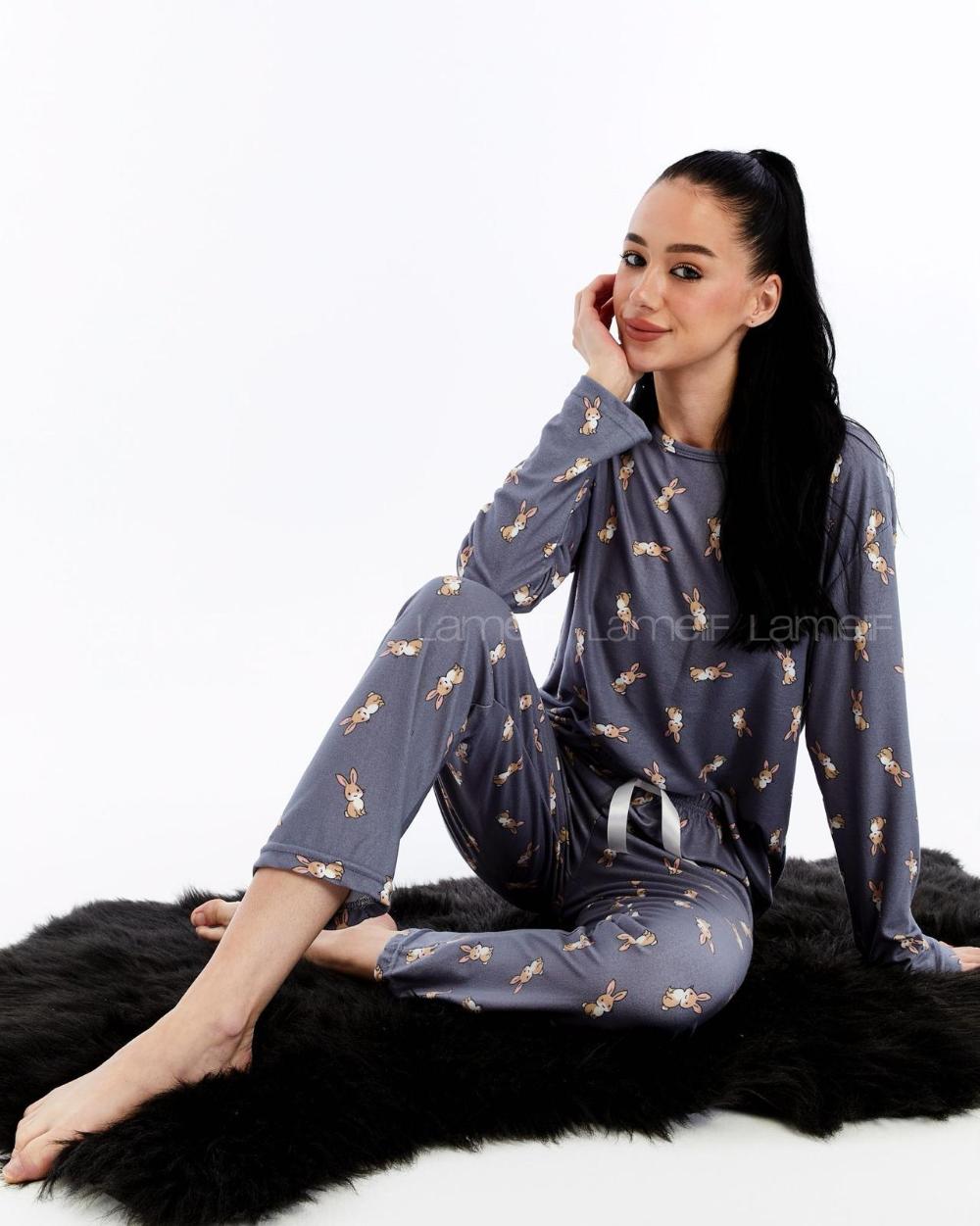 Lamelif Tavşan Desenli Pijama Takımı Antrasit