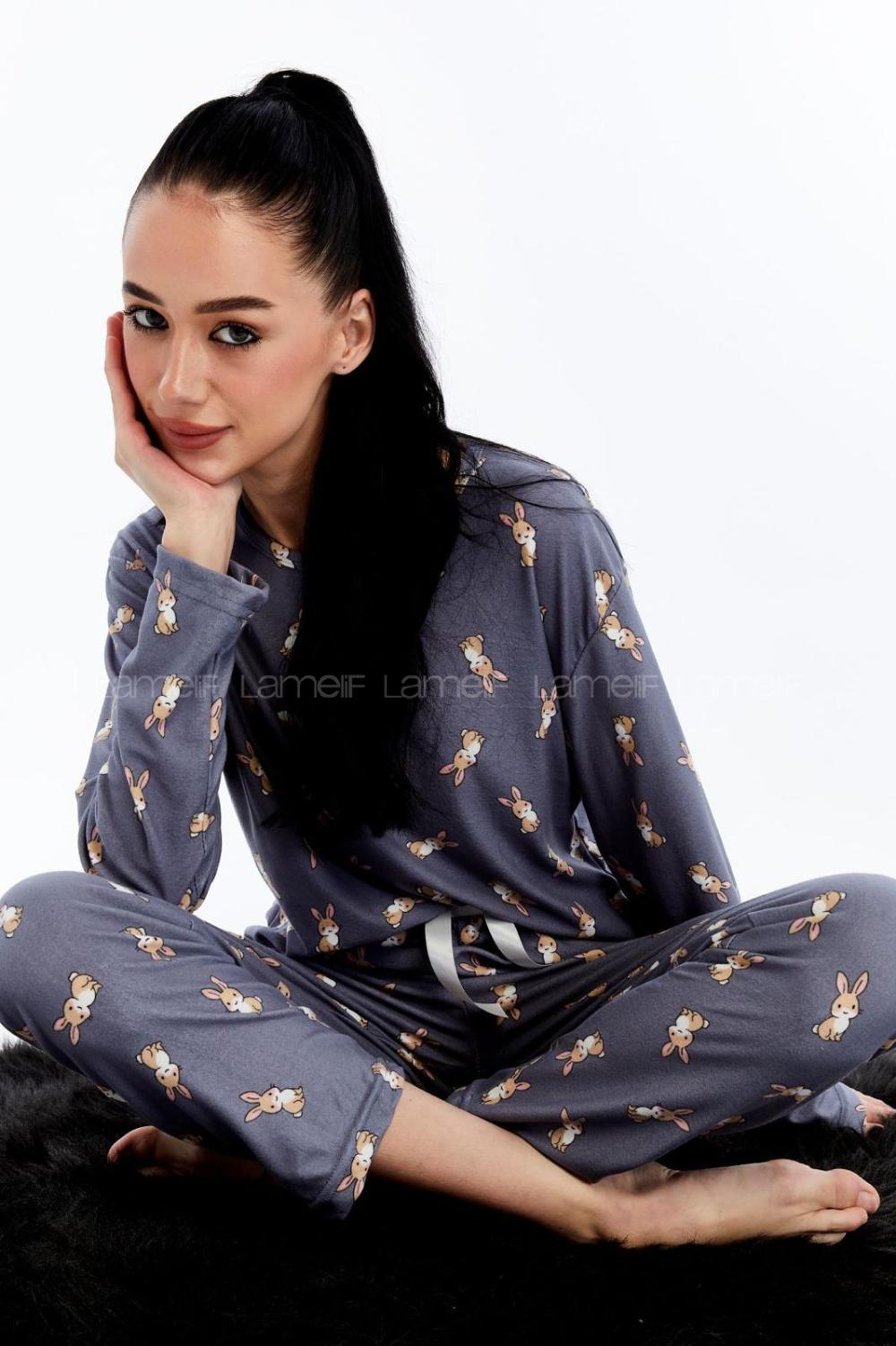 Lamelif Tavşan Desenli Pijama Takımı Antrasit