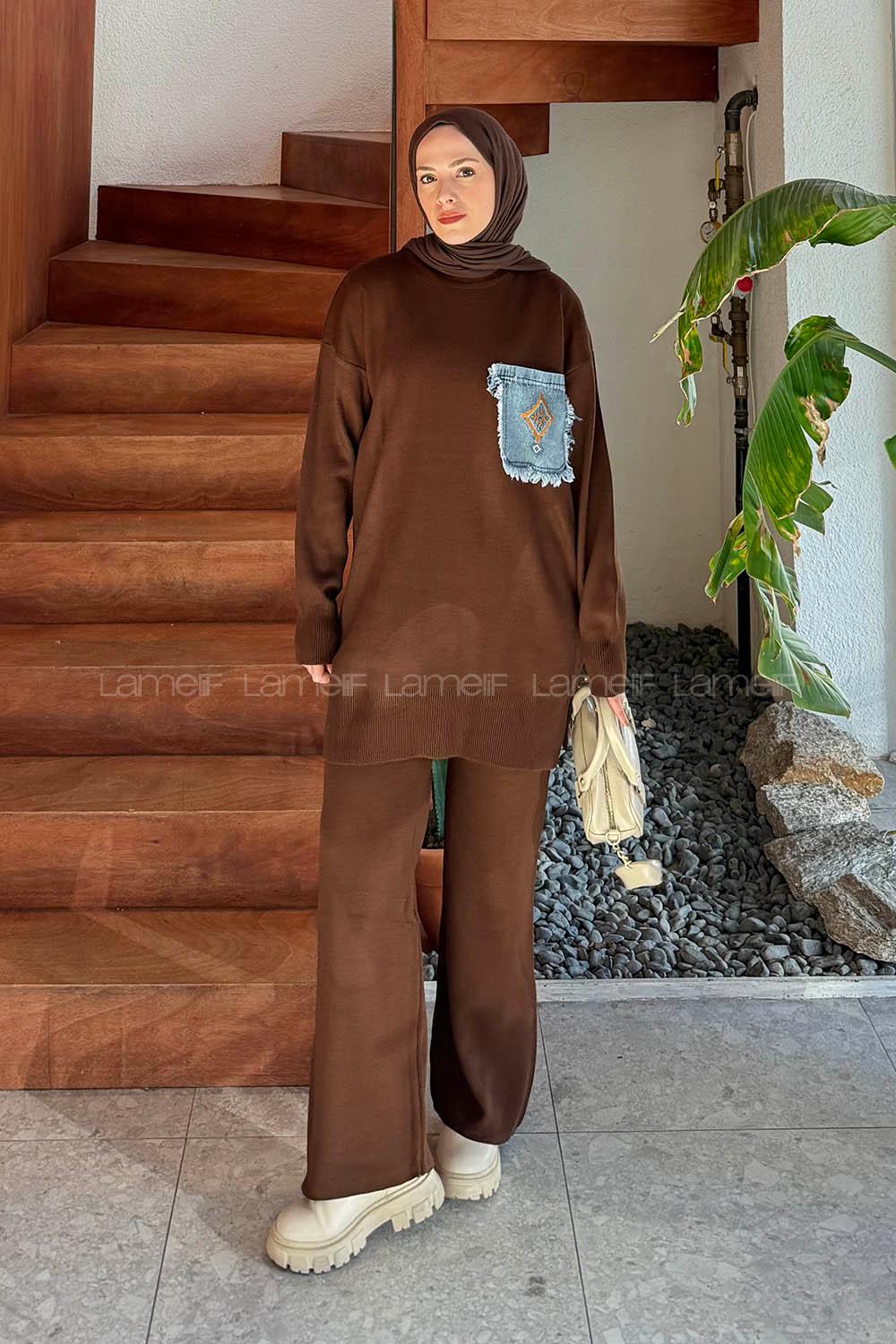 Lamelif Cep Detaylı Triko Takım Acı Kahve