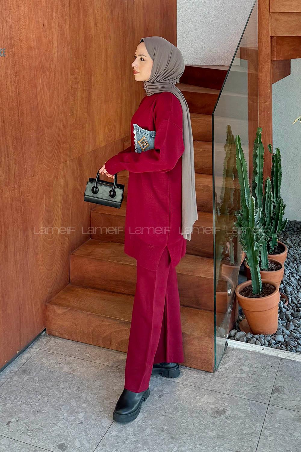 Lamelif Cep Detaylı Triko Takım Bordo