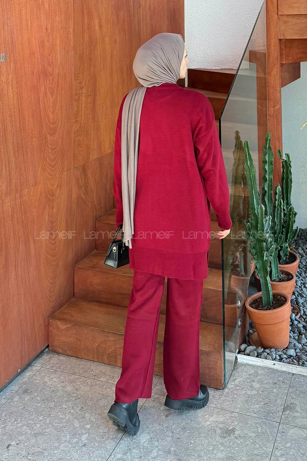 Lamelif Cep Detaylı Triko Takım Bordo