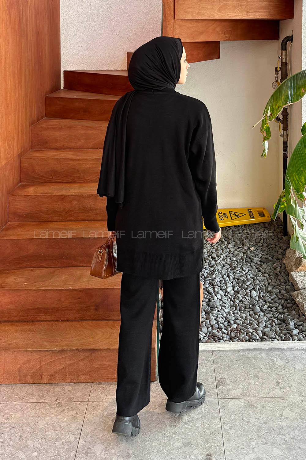 Lamelif Cep Detaylı Triko Takım Siyah