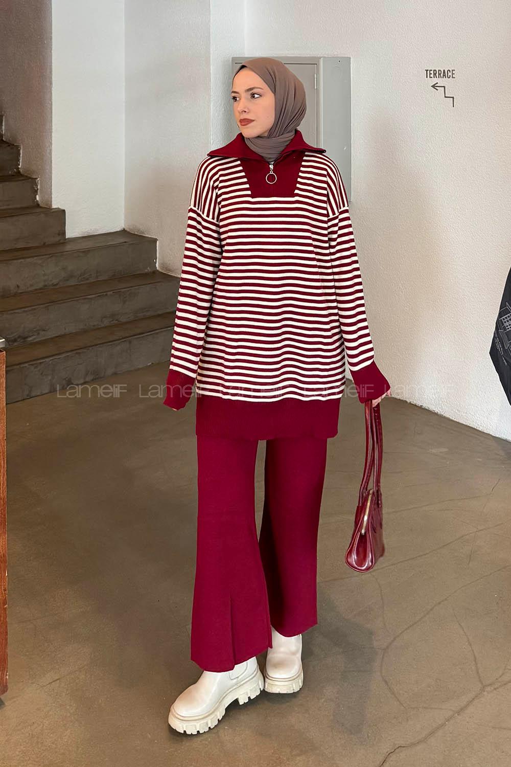 Lamelif Çizgili Balıkçı Yaka Triko Takım Bordo