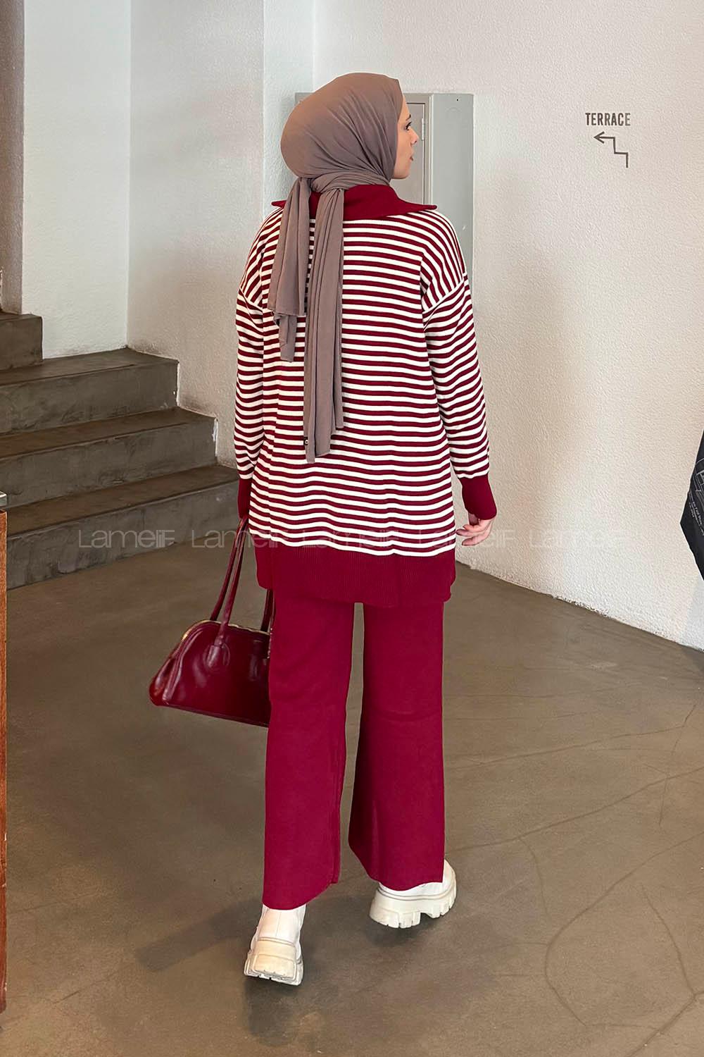 Lamelif Çizgili Balıkçı Yaka Triko Takım Bordo