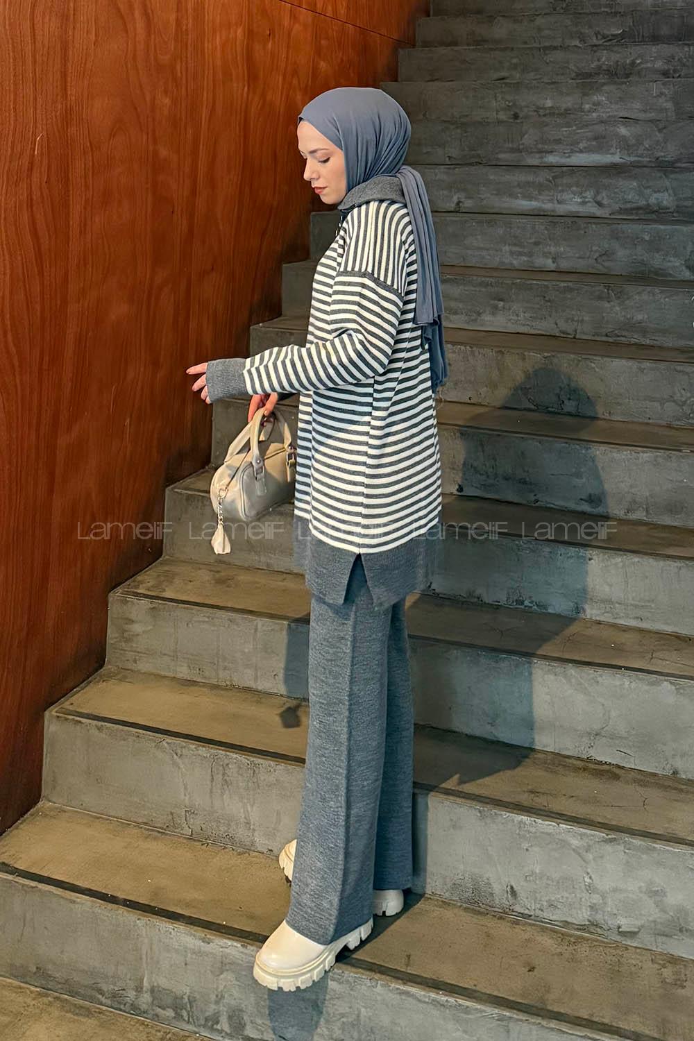 Lamelif Çizgili Balıkçı Yaka Triko Takım Füme