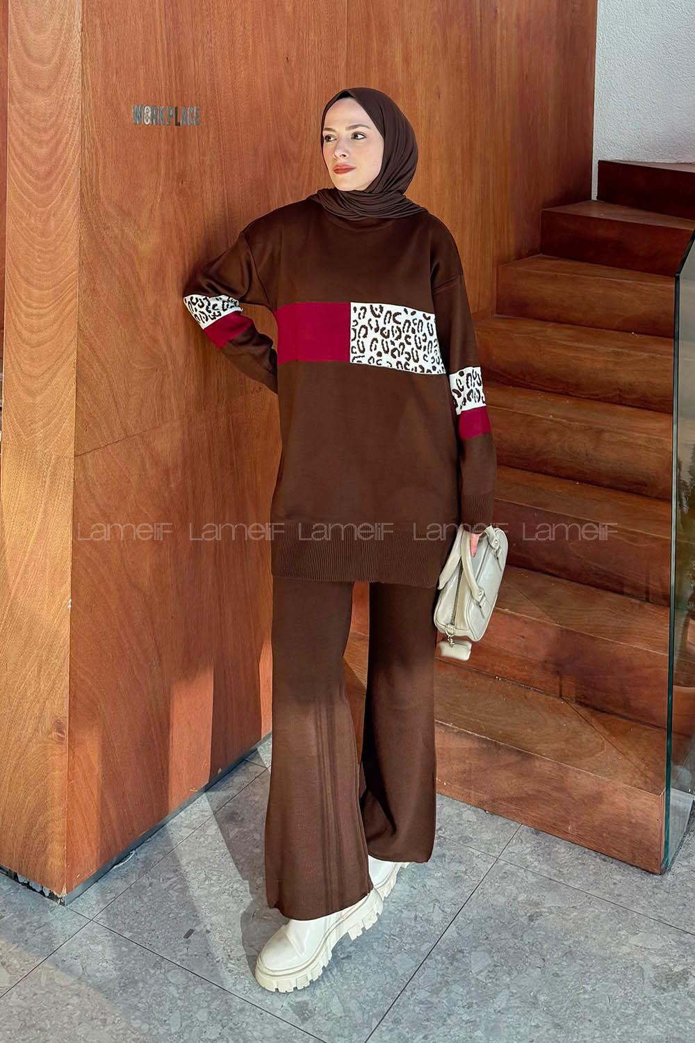 Lamelif Desenli Triko Takım Acı Kahve