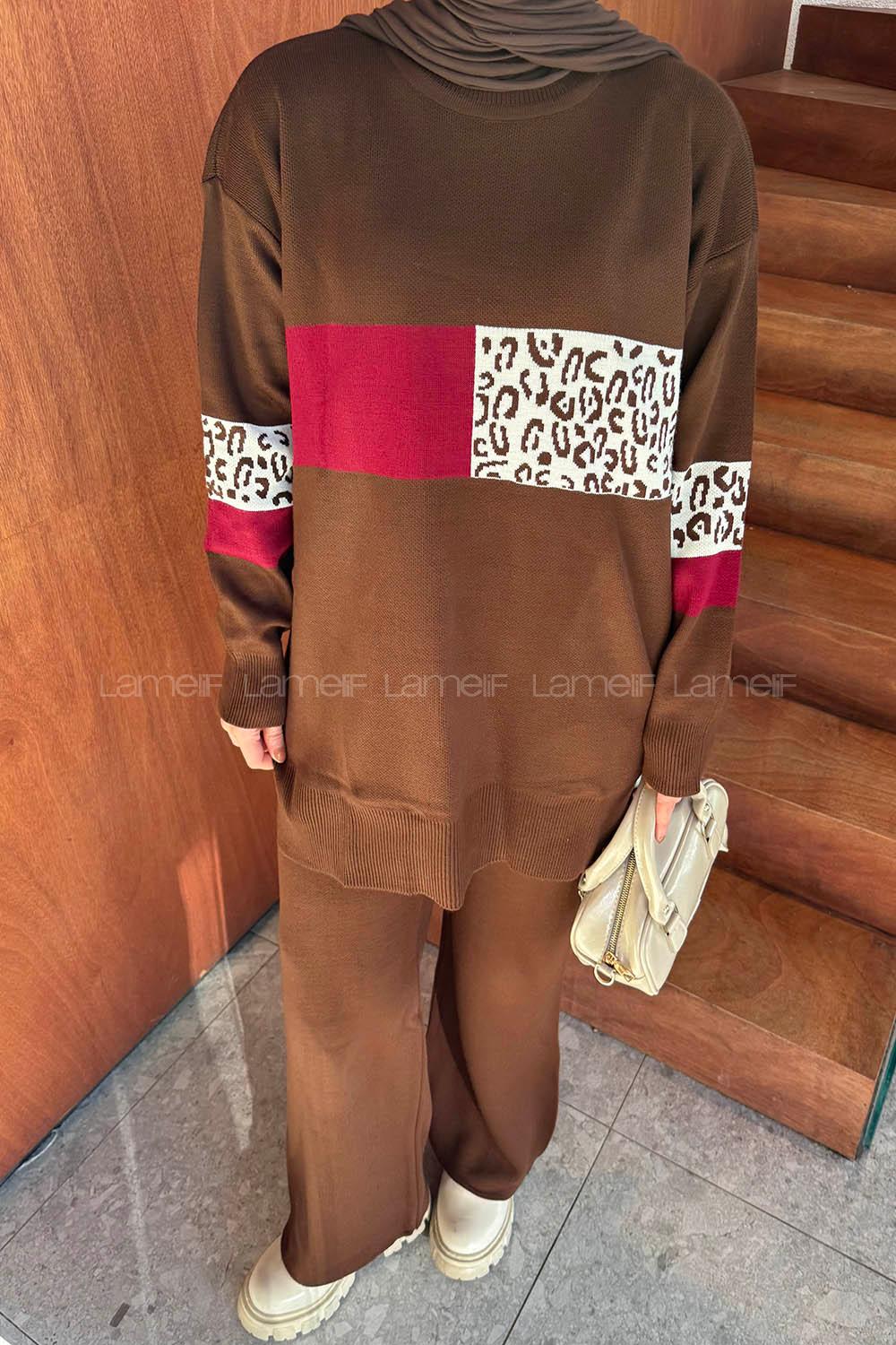 Lamelif Desenli Triko Takım Acı Kahve