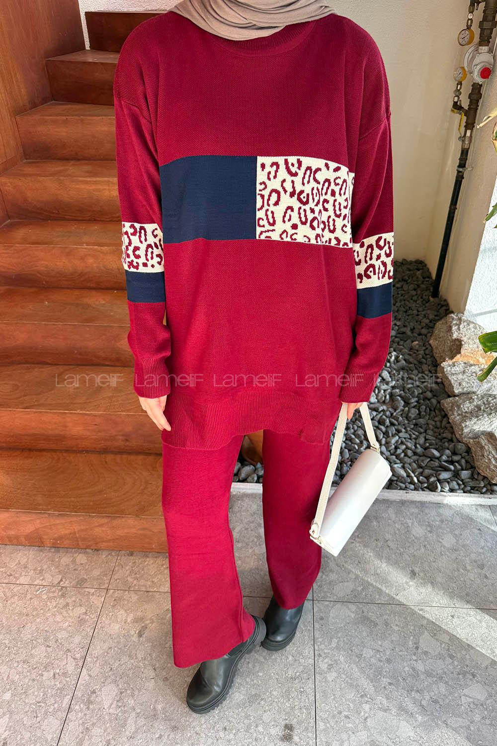 Lamelif Desenli Triko Takım Bordo