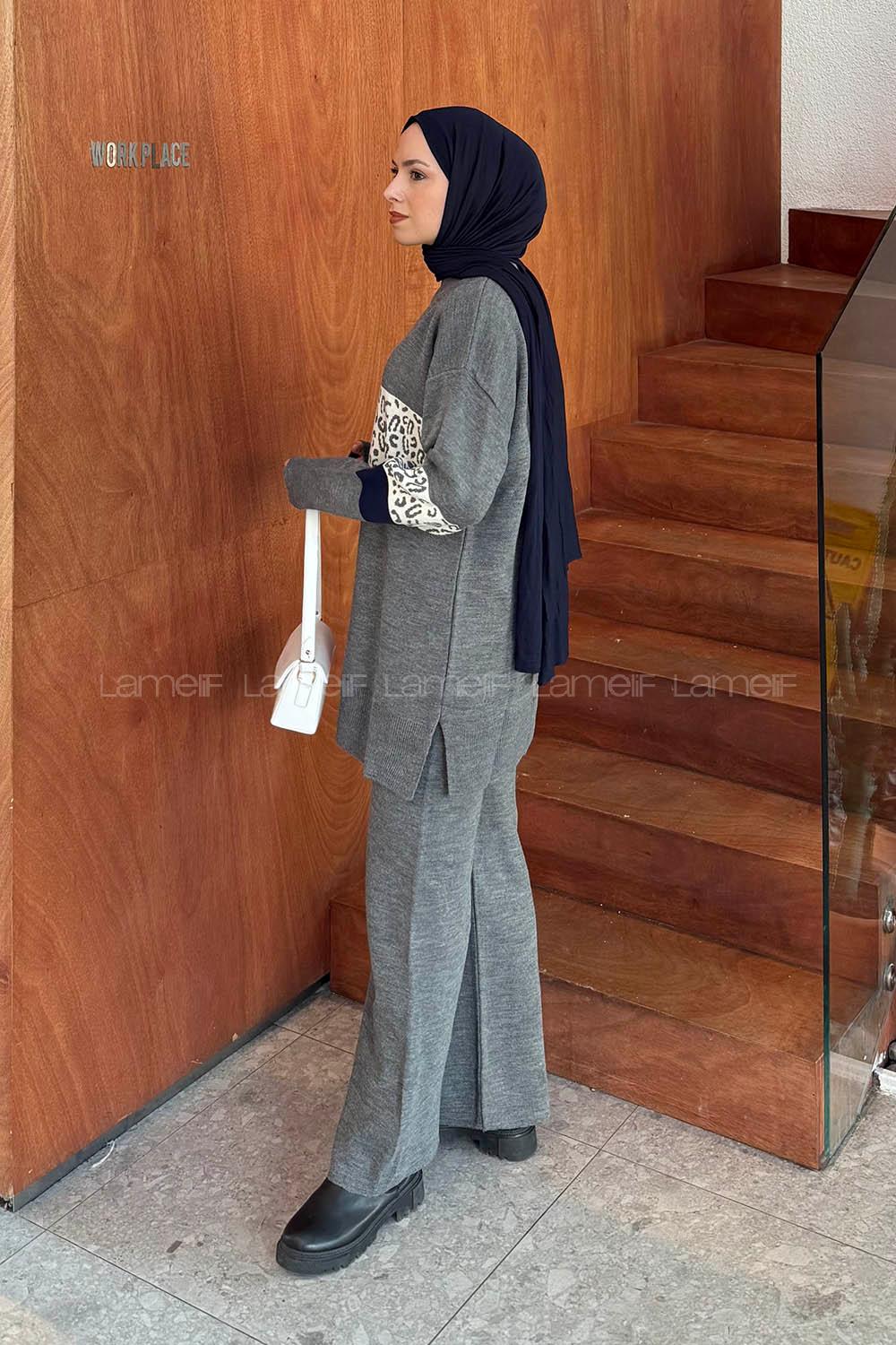 Lamelif Desenli Triko Takım Füme