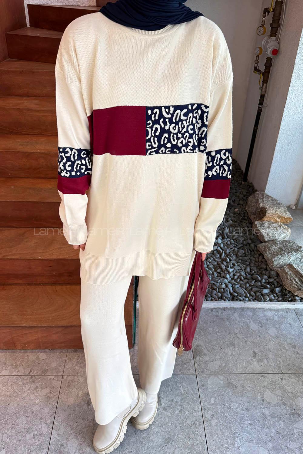 Lamelif Desenli Triko Takım Krem