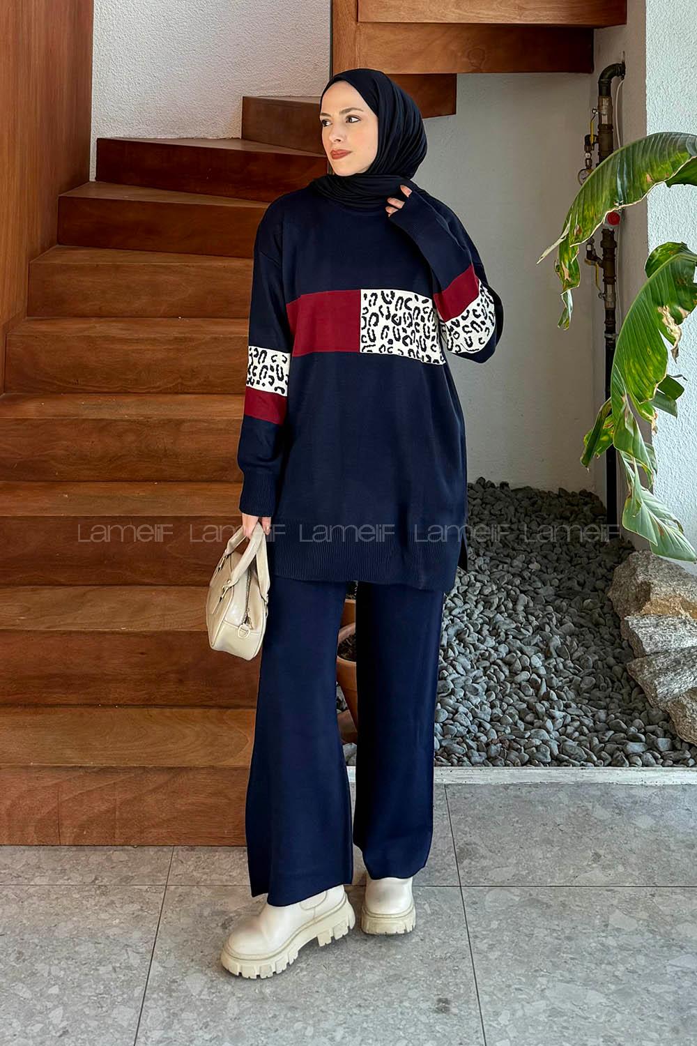 Lamelif Desenli Triko Takım Lacivert