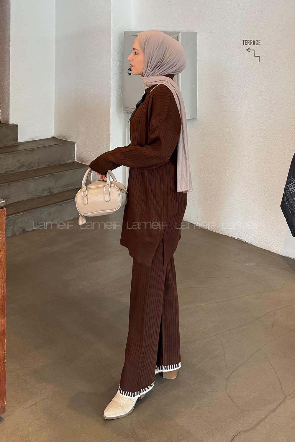 Lamelif Kurdela Detaylı Triko Takım Acı Kahve