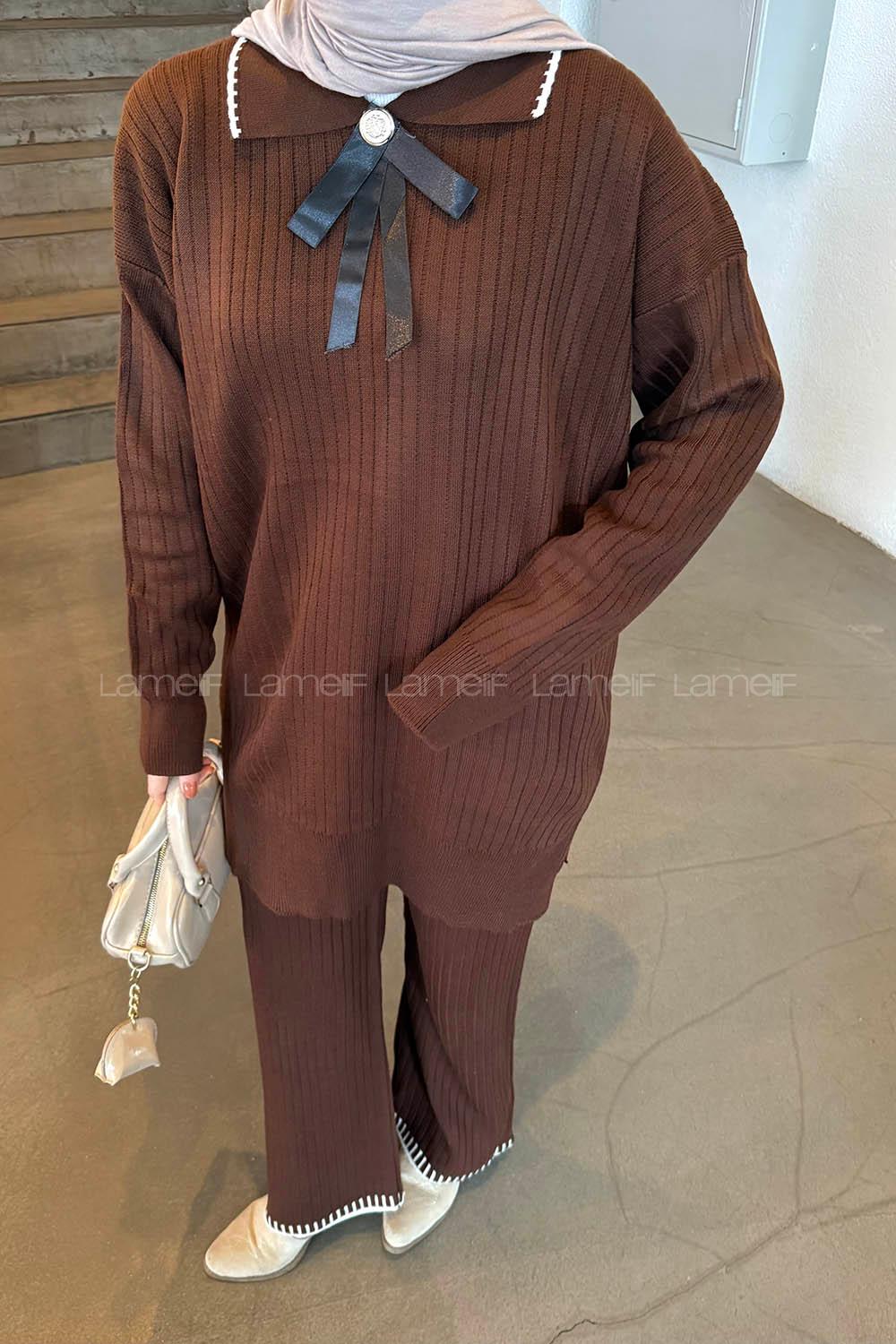 Lamelif Kurdela Detaylı Triko Takım Acı Kahve