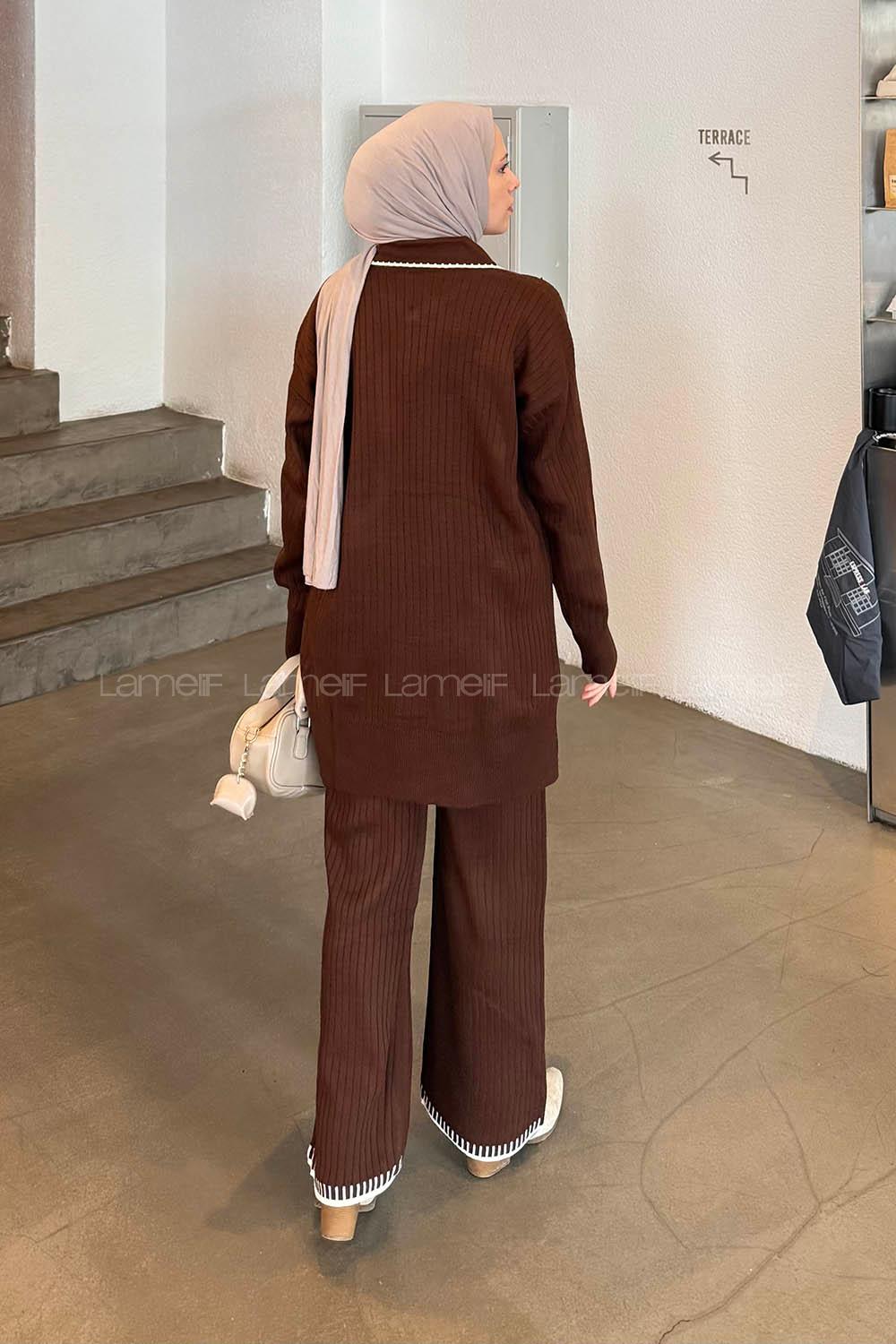Lamelif Kurdela Detaylı Triko Takım Acı Kahve