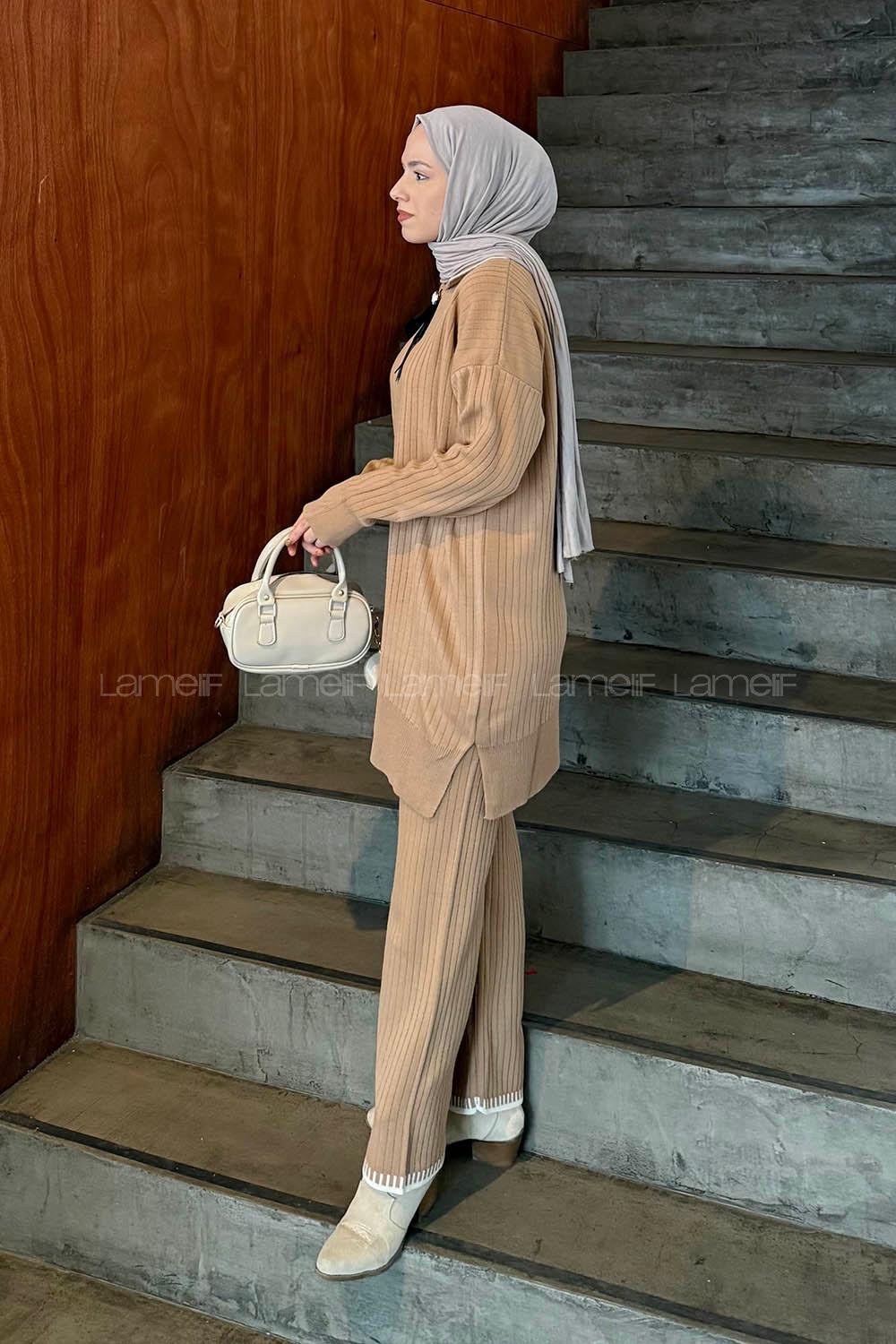 Camel Shirt Collar Long Arm Acrylic Knitwear Regular Trousers Comfortable Suit