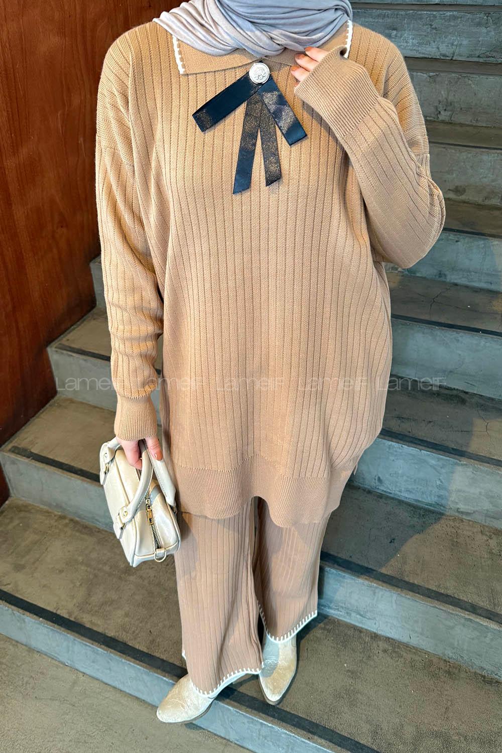 Camel Shirt Collar Long Arm Acrylic Knitwear Regular Trousers Comfortable Suit