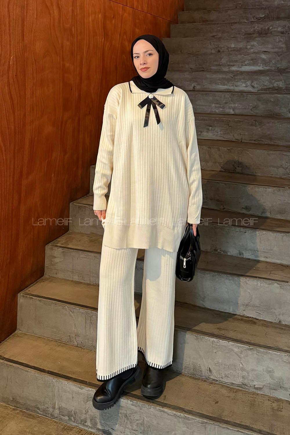 Lamelif Kurdela Detaylı Triko Takım Krem