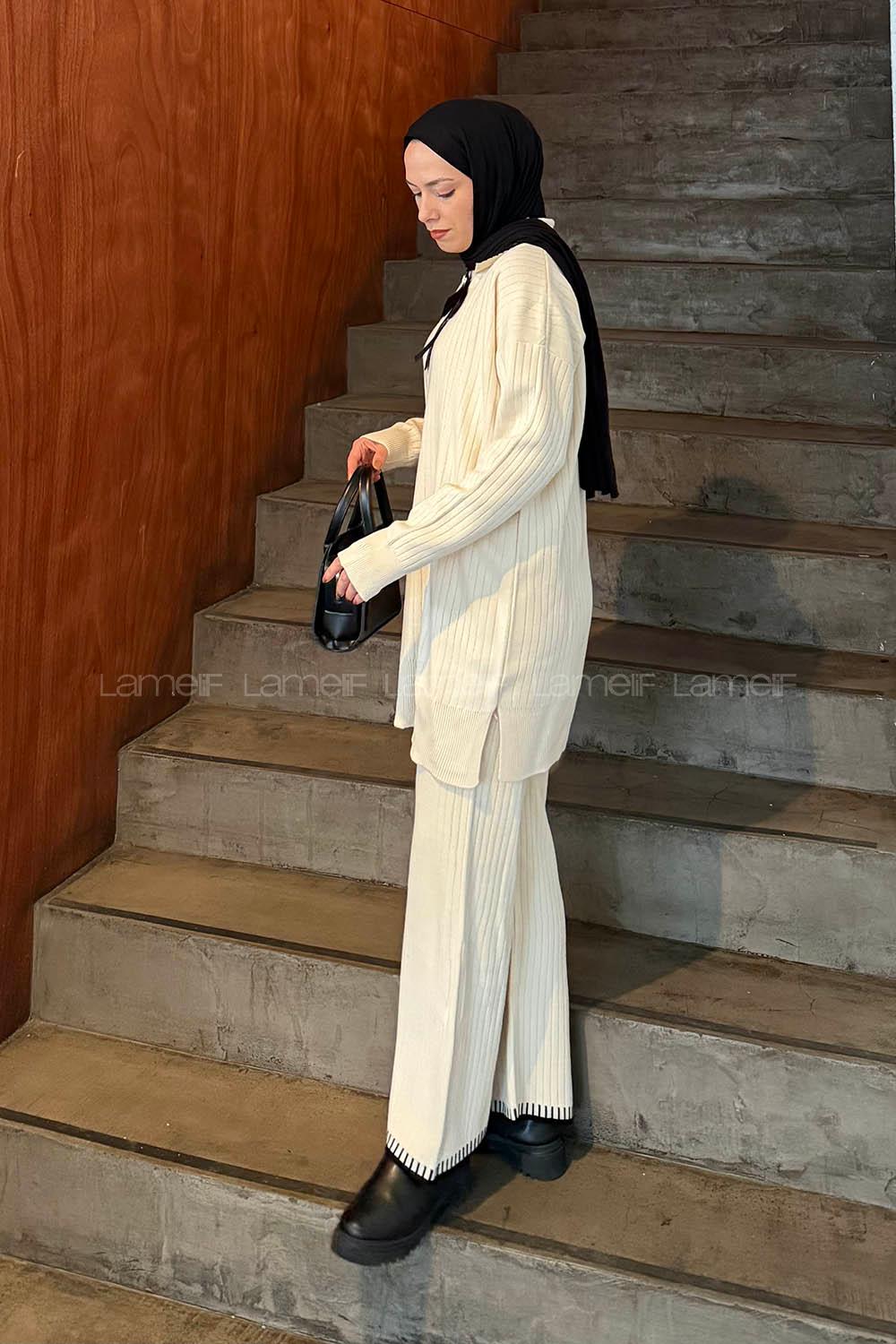 Lamelif Kurdela Detaylı Triko Takım Krem