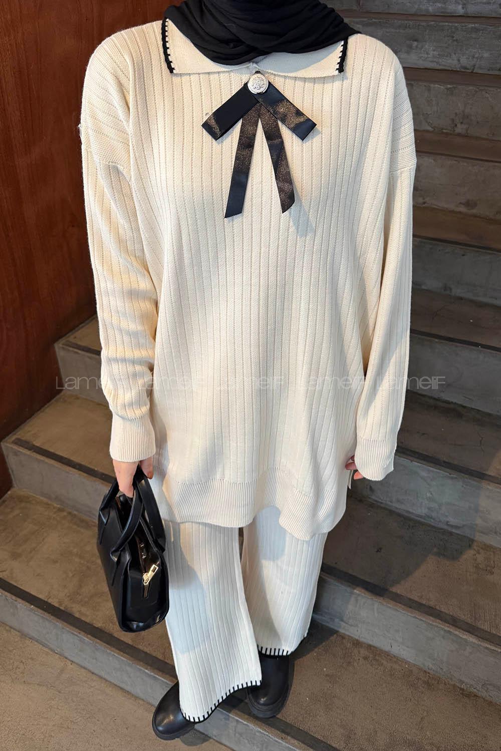 Lamelif Kurdela Detaylı Triko Takım Krem