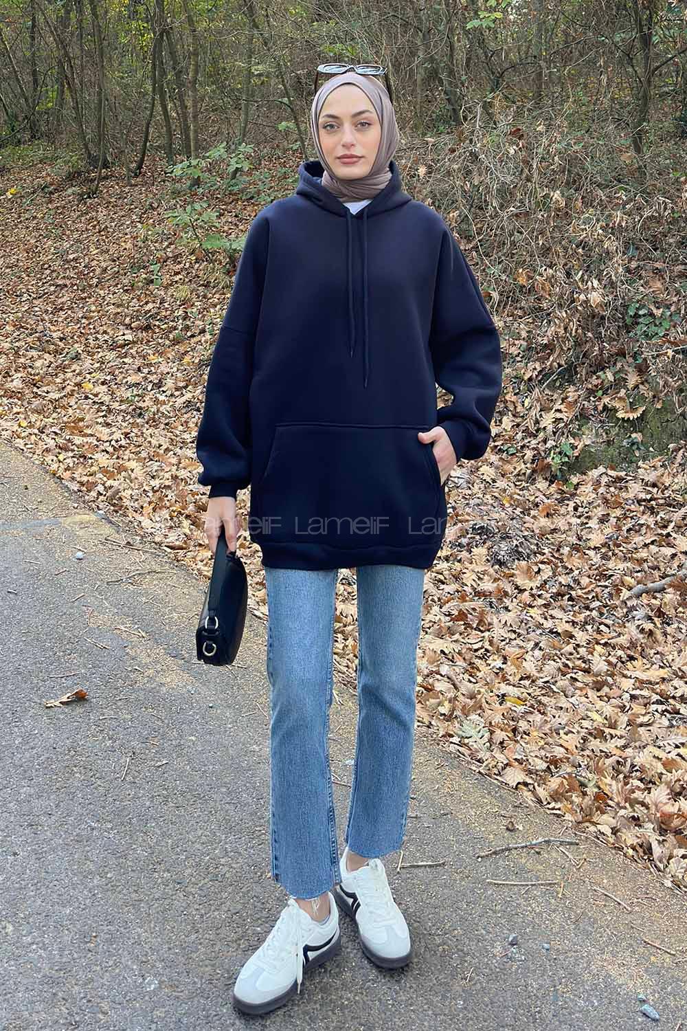 Lamelif Üç İplik Kanguru Cep Sweatshirt Lacivert