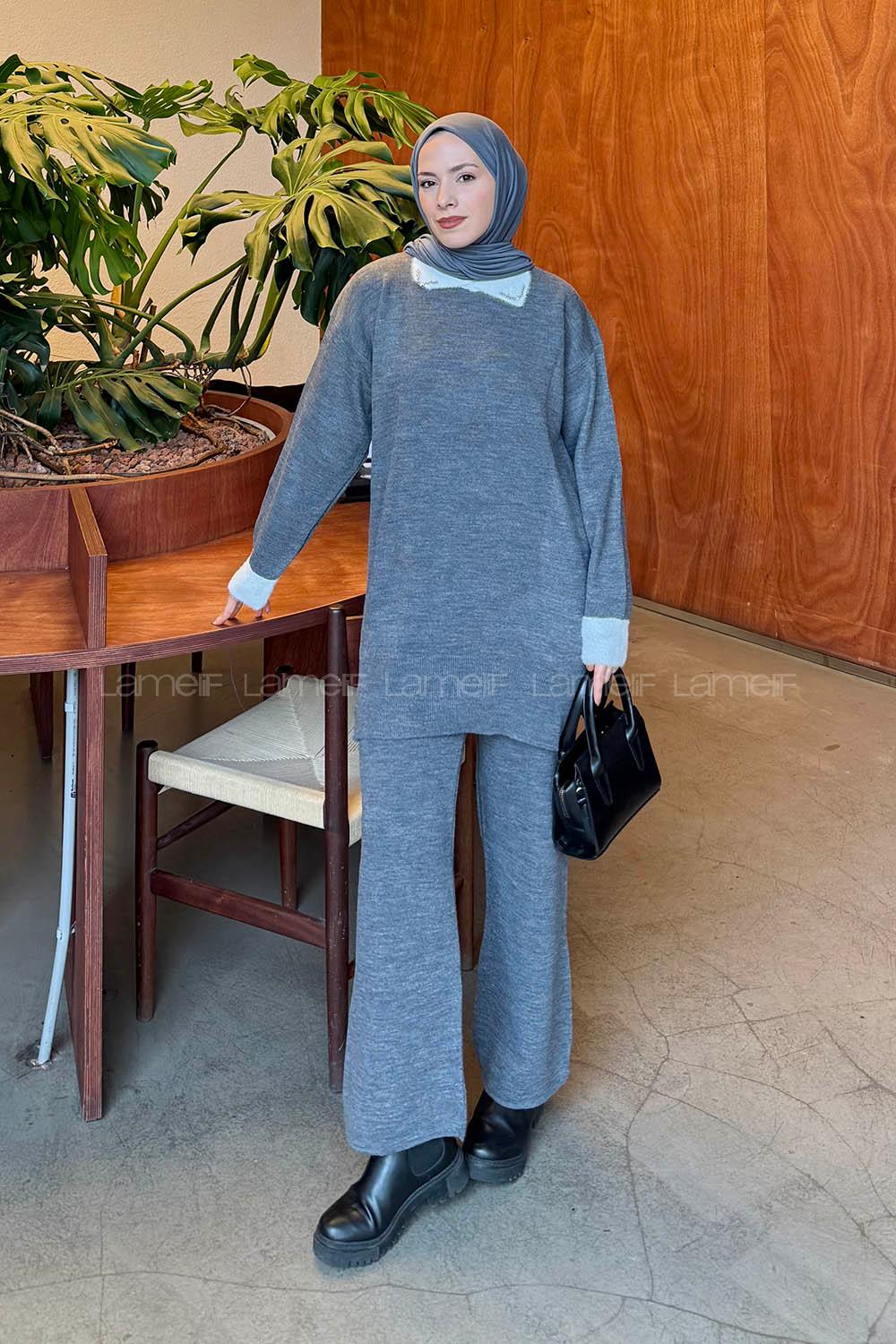 Lamelif Yakası Taşlı Triko Takım Gri