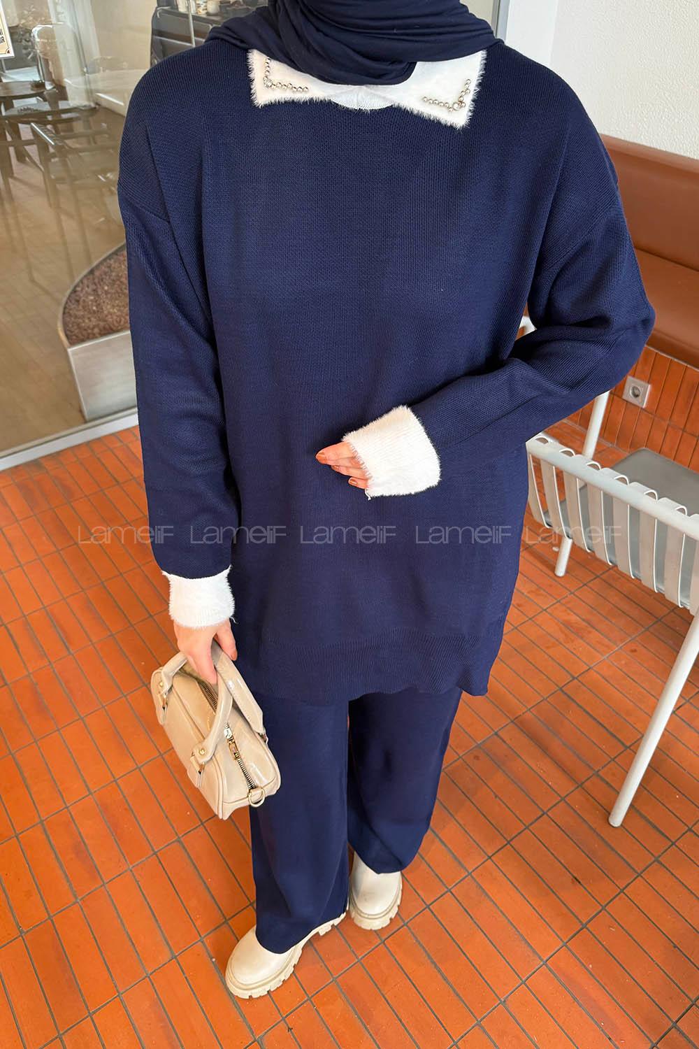 Lamelif Yakası Taşlı Triko Takım Lacivert