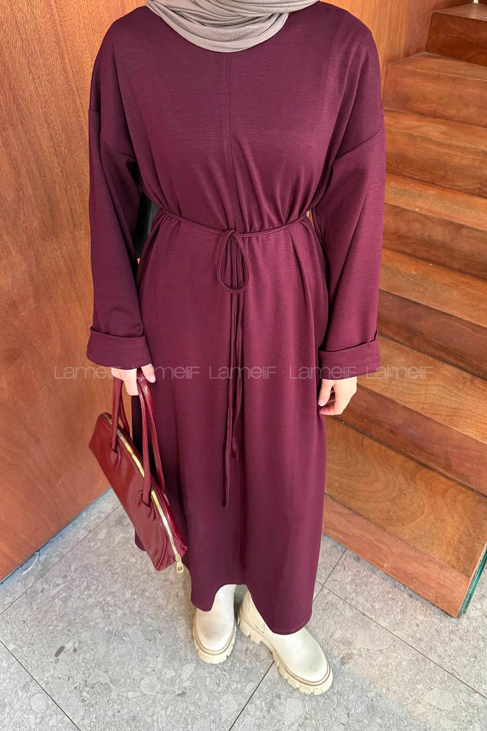 Lamelif Bağlama Detaylı Elbise Bordo