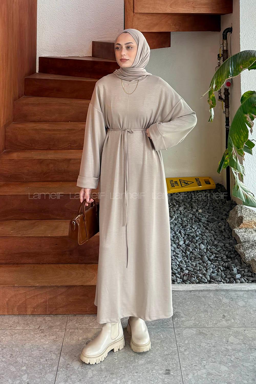 Lamelif Bağlama Detaylı Elbise Taş Rengi