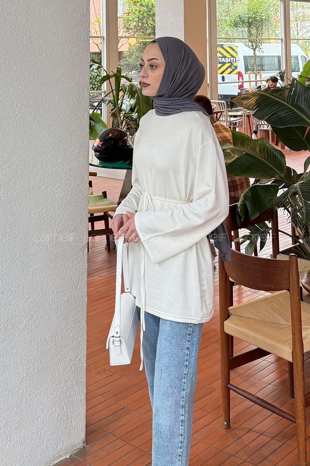 Lamelif Bağlama Detaylı Sweat Beyaz