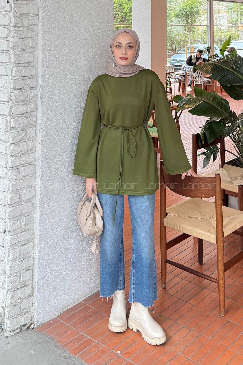 Lamelif Bağlama Detaylı Sweat Haki