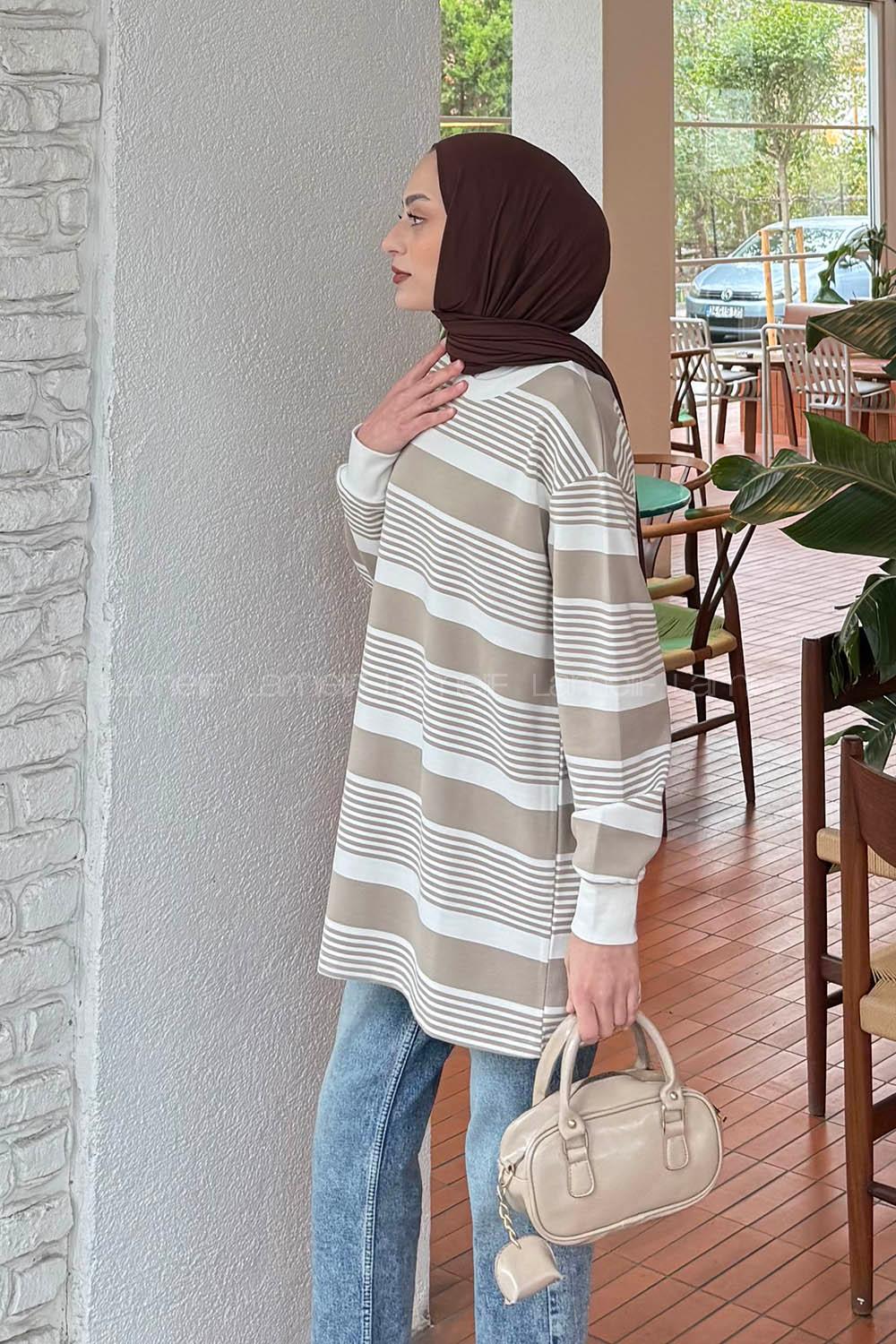 Lamelif Çizgili Sweat Vizonrengi