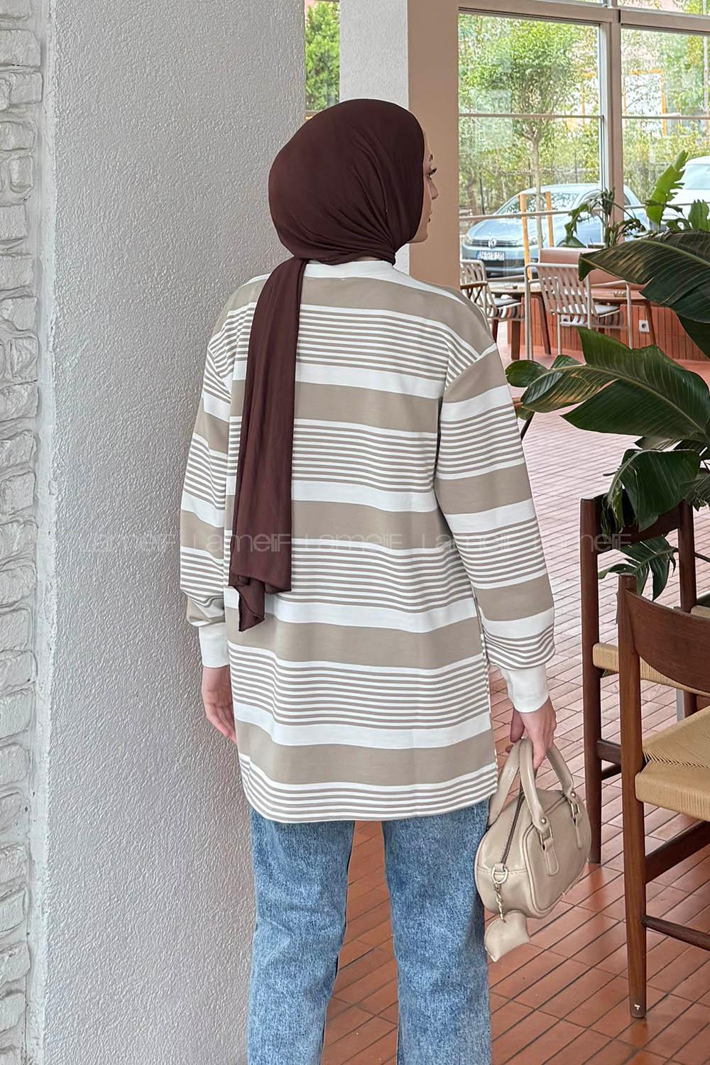 Lamelif Çizgili Sweat Vizonrengi