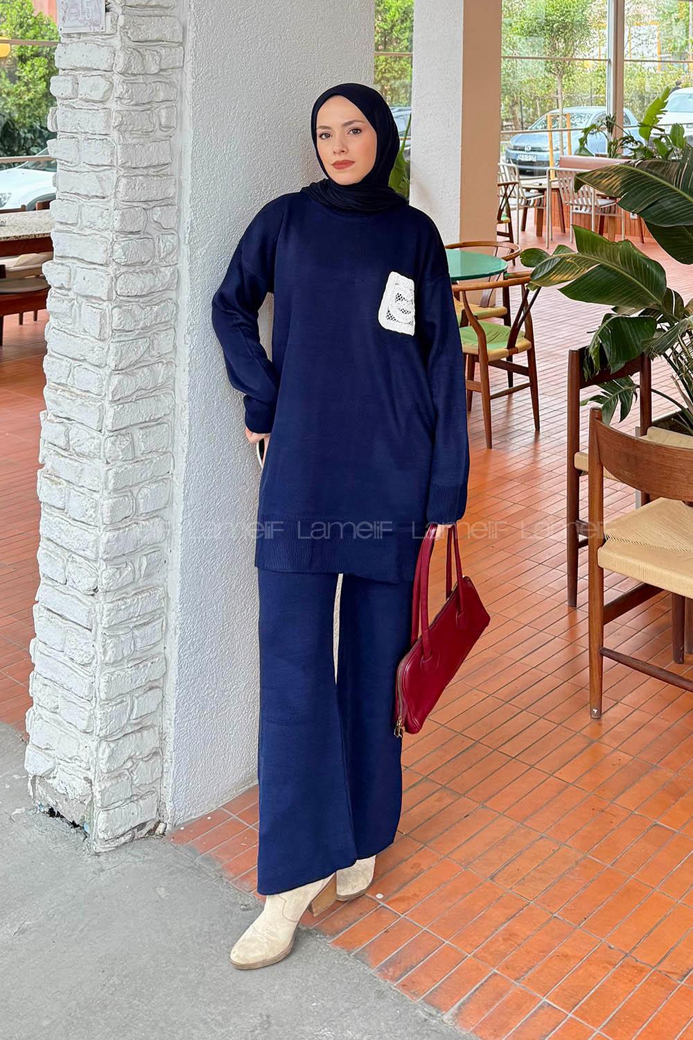 Navy Blue Crew Neck Long Arm Knitwear Regular Trousers Comfortable Suit