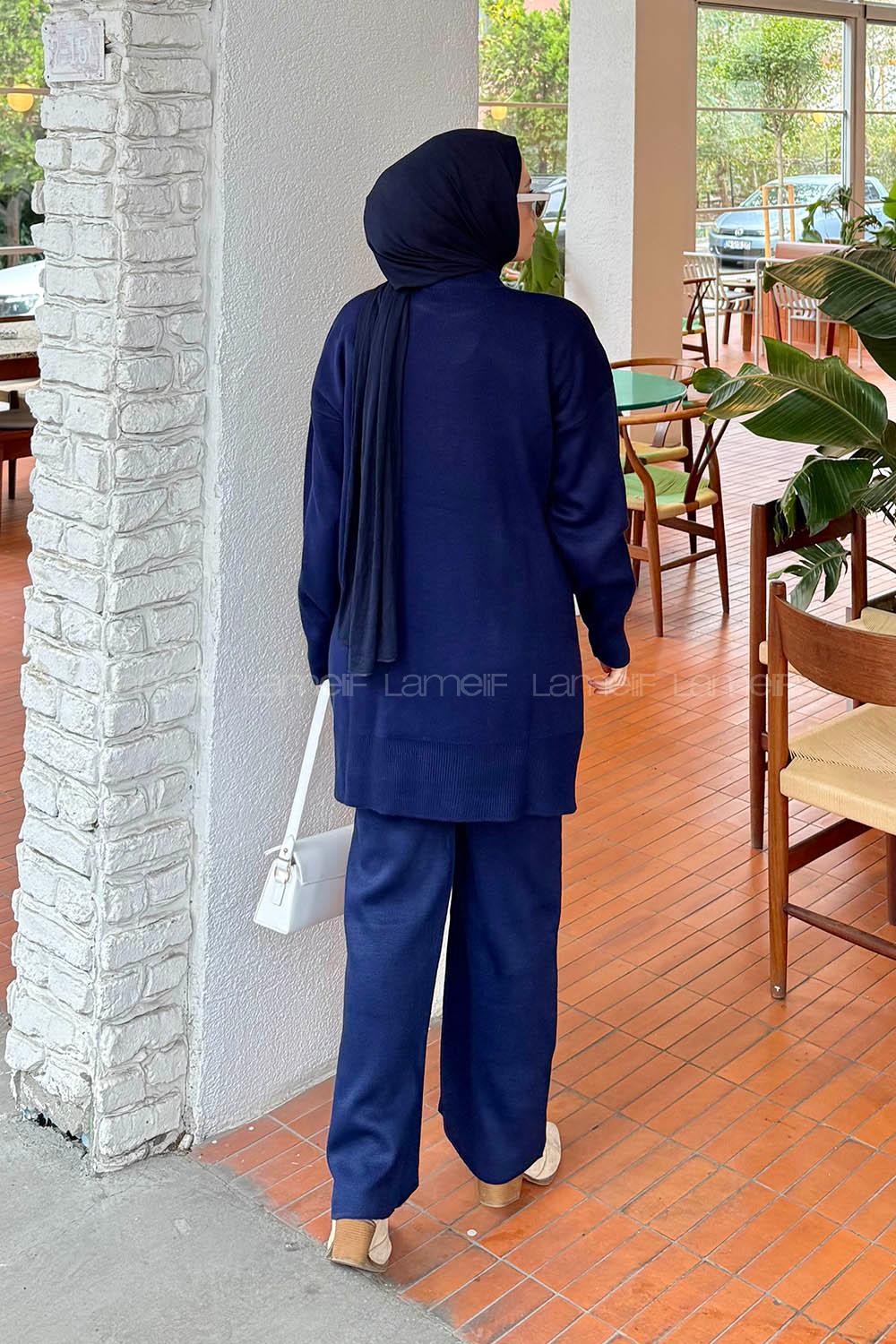 Navy Blue Crew Neck Long Arm Knitwear Regular Trousers Comfortable Suit