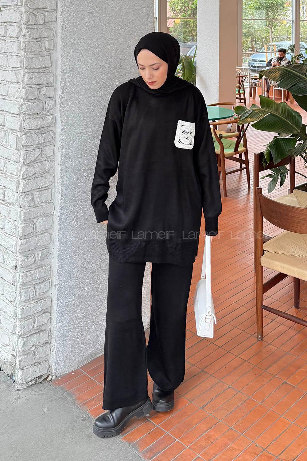 Lamelif Dantel Cep Detaylı Triko Takım Siyah