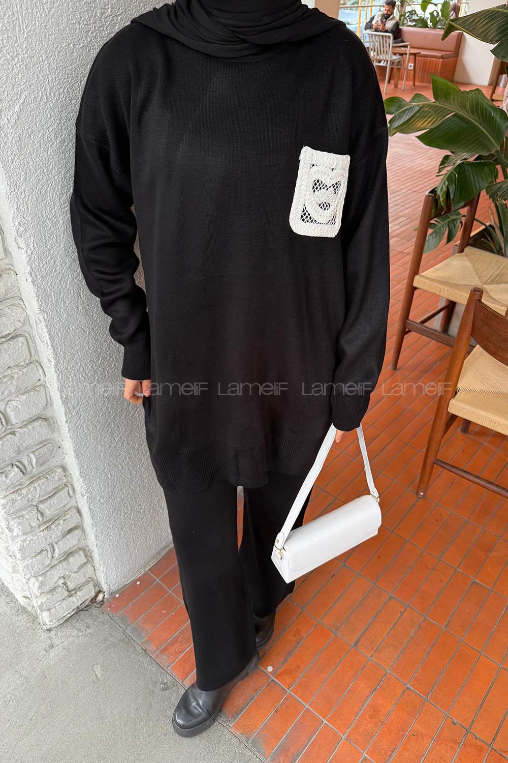 Lamelif Dantel Cep Detaylı Triko Takım Siyah