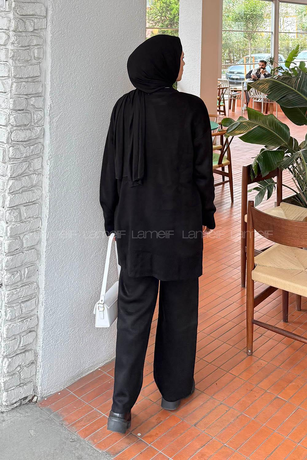 Lamelif Dantel Cep Detaylı Triko Takım Siyah