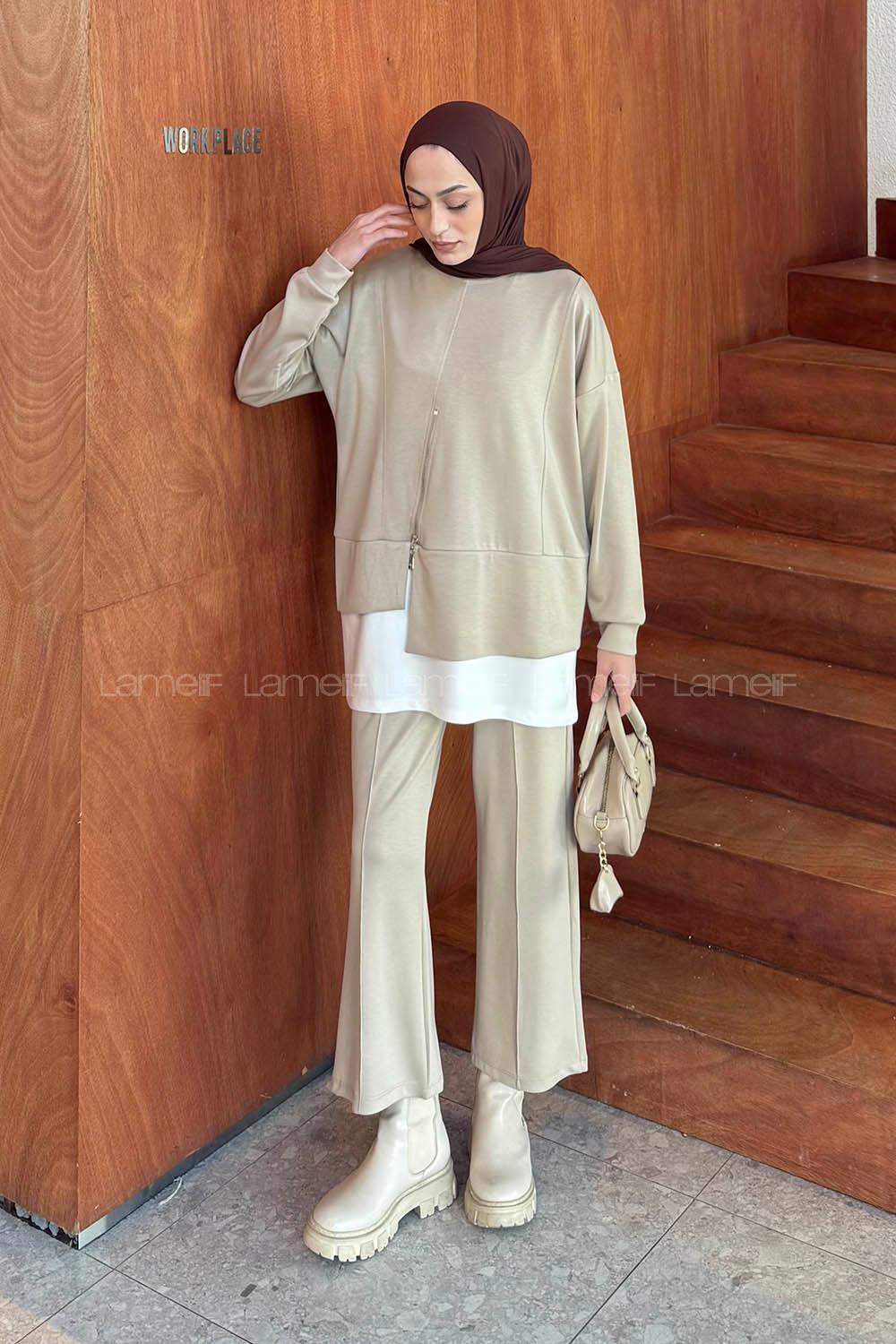 Lamelif Fermuarlı Garnili Takım Bej