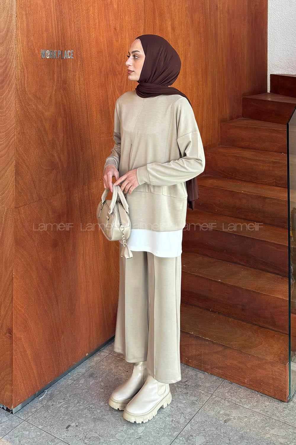 Lamelif Fermuarlı Garnili Takım Bej