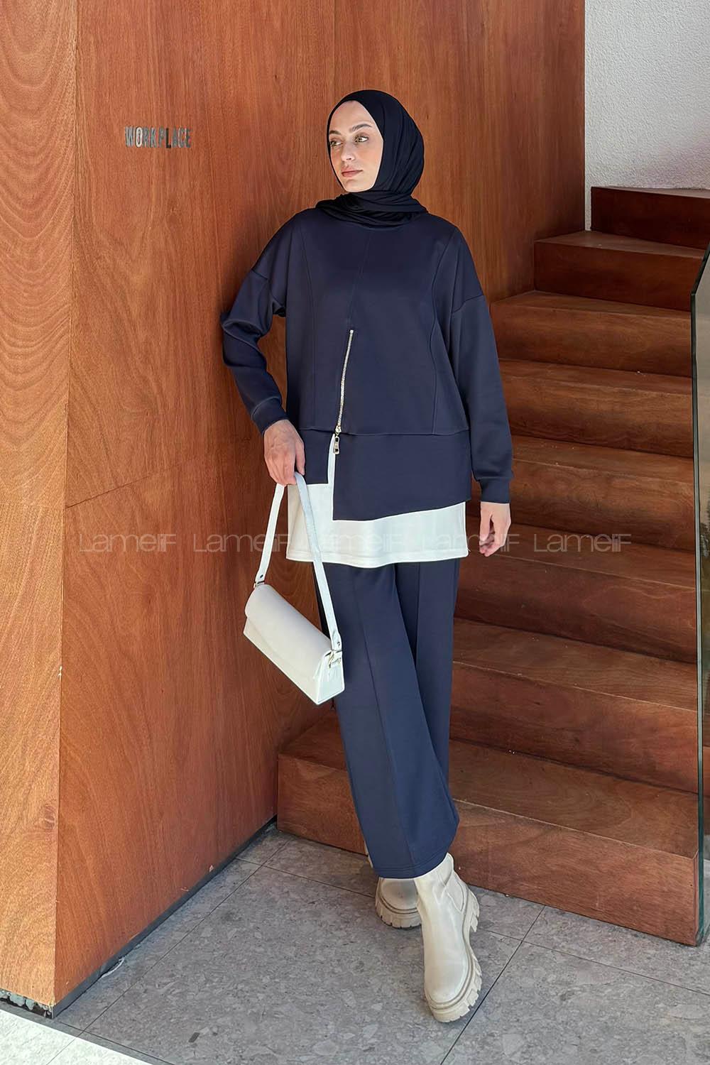 Lamelif Fermuarlı Garnili Takım Lacivert